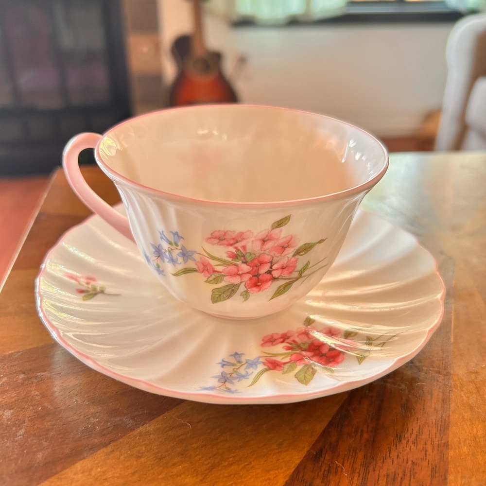 Shelley Stocks Teacup Saucer Set Pink Floral Fine Bone China V13428